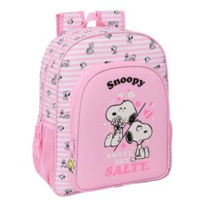 safta snoopy mochila 15l adaptable a carro bolsillo frontal portabotellas cremallera con doble tirador asa de mano hombreras y espalda acolchada 32x38x12cm color rosa