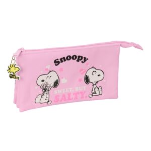 safta snoopy portatodo 3 compartimentos con cremallera bolsillo interior central 22x12x3cm color rosa