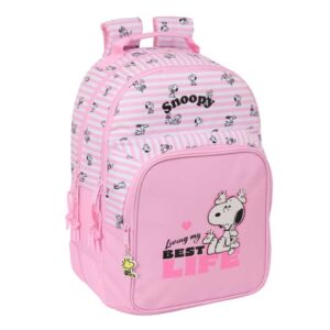 safta snoopy mochila adaptable a carro bolsillo frontal portabotellas cremallera con doble tirador asa de mano hombreras y espalda acolchada 32x42x15cm color rosa