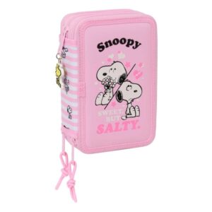 safta snoopy plumier de 3 pisos 37 piezas goma lapiz 2 boligrafos sacapuntas 2 reglas 16 colores 14 rotuladores 12.5x19.5x5.5cm color rosa