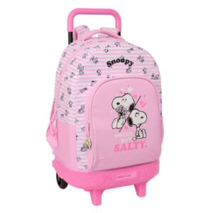 safta snoopy mochila con carro extraible 33l portabotellas tarjeta de identificacion personal cremallera con doble tirador asa de mano bolsillo frontal 33x45x22cm color rosa