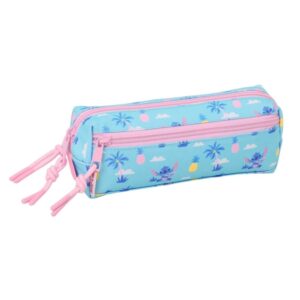 safta stitch waves portatodo 3 compartimentos con cremallera goma elastica compacto 22x8.5x6cm color azul claro