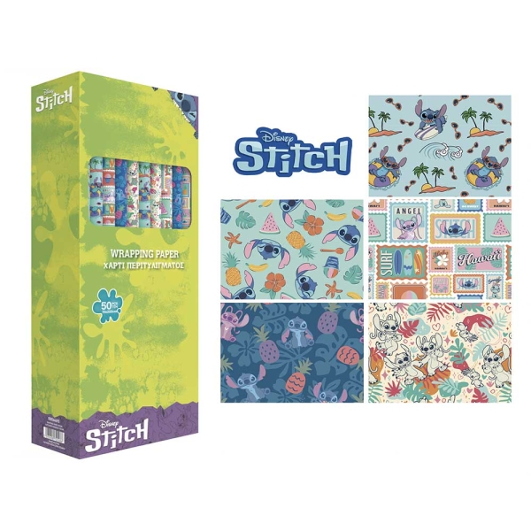 safta stitch waves expositor con 50 rollos de papel regalo medidas del rollo 70x200cm 5 patrones diferentes 30.5x71x15.5cm colores surtidos