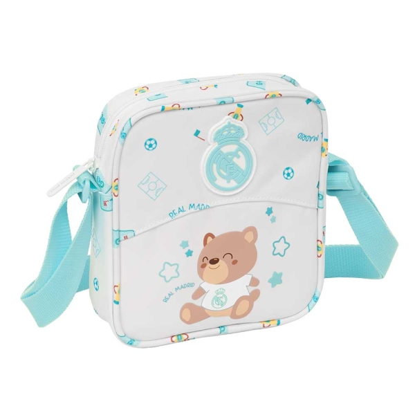 safta real madrid preescolar bolsito con bandolera ajustable compacto cierre con cremallera 16x18x4cm color blanco