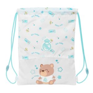 safta real madrid preescolar saco plano infantil cierre mediante cordones bolsillo interior con cremallera seguridad antiestrangulamiento 26x34x1cm color blanco