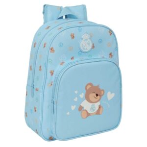 safta real madrid preescolar mochila infantil portabotellas bolsillo frontal adaptable a carro hombreras acolchadas 26x34x11cm color azul