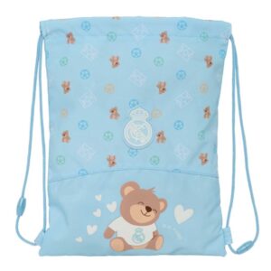 safta real madrid preescolar saco plano infantil cierre mediante cordones bolsillo interior con cremallera seguridad antiestrangulamiento 26x34x1cm color azul