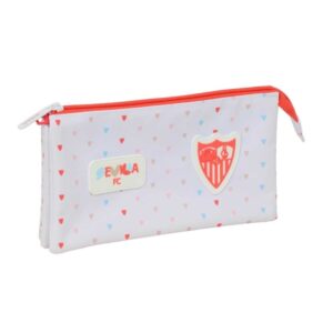 safta sevilla fc preescolar portatodo 3 compartimentos con cremallera bolsillo interior central 22x12x3cm color blanco y rojo