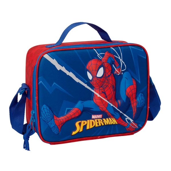 safta spider man bolsa isotermica porta alimentos frontal 3d cremallera bandolera ajustable asa de mano 25x19.5x9cm color rojo y azul