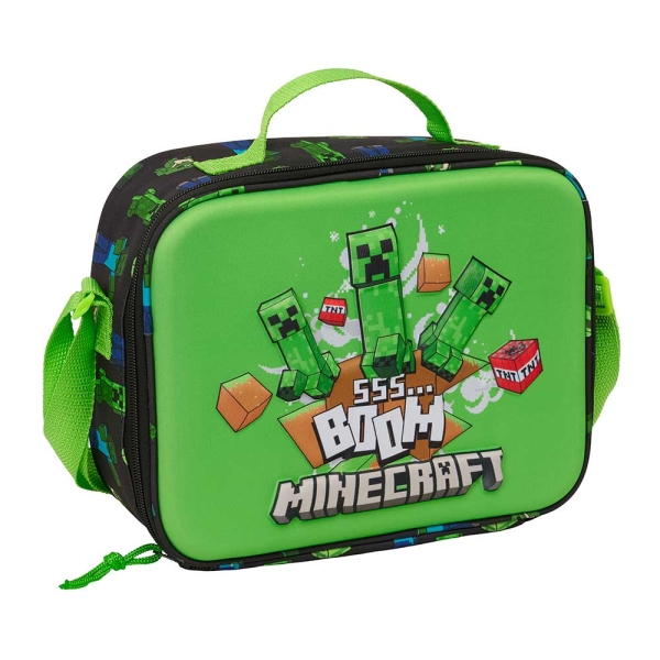 safta minecraft boom bolsa isotermica porta alimentos frontal 3d cremallera bandolera ajustable asa de mano 25x19.5x9cm color verde y negro