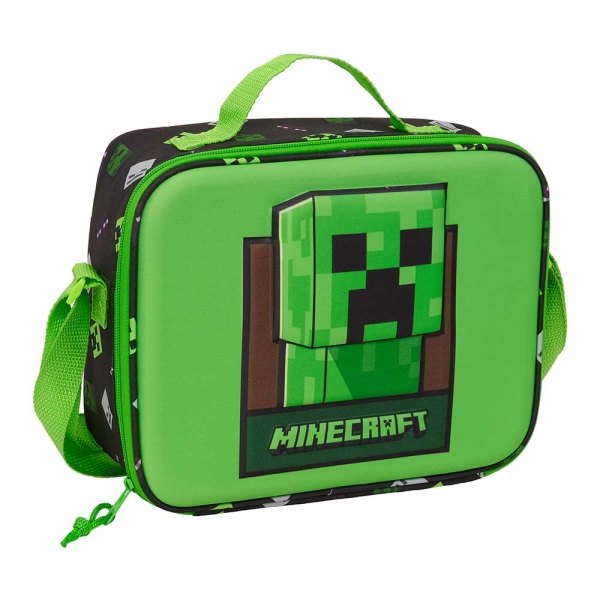 safta minecraft bolsa isotermica porta alimentos frontal 3d cremallera bandolera ajustable asa de mano 25x19.5x9cm color verde y negro