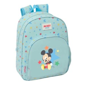 safta mickey mouse baby mochila infantil portabotellas bolsillo frontal asa de mano adaptable a carro hombreras acolchadas 28x34x10cm color azul pastel