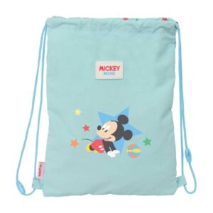 safta mickey mouse baby saco plano cierre con cordones bolsillo interior con cremallera 26x34x1cm color azul pastel