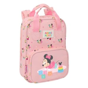 safta minnie mouse baby mochila infantil tarjeta de identificacion personal bolsillo frontal hombreras acolchadas 20x28x8cm color rosa pastel