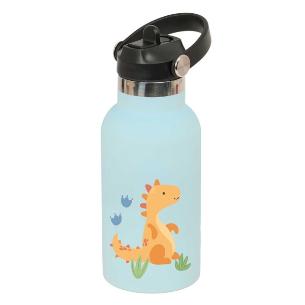 safta dino botella isotermica infantil capacidad 350ml tapon roscado con valvula base de silicona asa superior acero inoxidable 12h caliente 24h frio 19.5x7.3cm color azul pastel