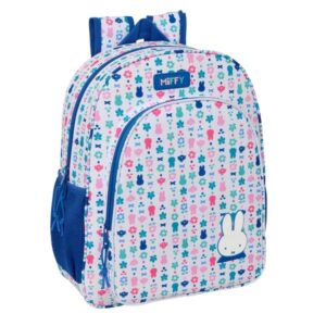 safta miffy bunny mochila adaptable a carro bolsillo frontal portabotellas cremallera con doble tirador asa de mano hombreras y espalda acolchada 33x42x14cm color blanco y azul
