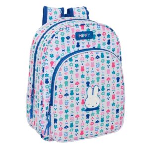 safta miffy bunny mochila infantil portabotellas bolsillo frontal adaptable a carro hombreras acolchadas 26x34x11cm color blanco y azul