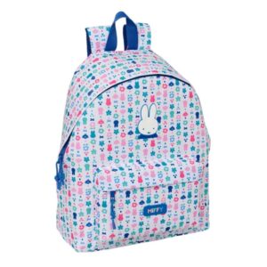 safta miffy bunny mochila bolsillo frontal espalda acolchada hombreras ergonomicas cremallera con doble tirador asa de mano 33x42x15cm color blanco y azul