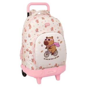 safta capibara mochila con carro extraible 33l portabotellas tarjeta de identificacion personal cremallera con doble tirador asa de mano bolsillo frontal 33x45x22cm color rosa pastel
