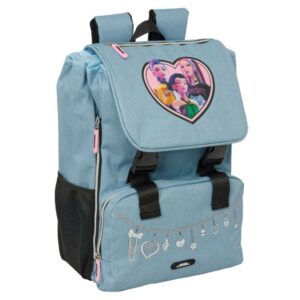 safta k pop demon hunters huntr/x mochila extensible solapa cierre con cordon portabotellas bolsillo frontal detalles reflectantes rejilla antisudor 18.5x41x15cm color azul claro