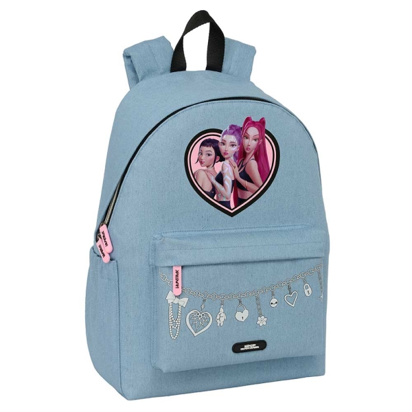 safta k pop demon hunters huntr/x mochila para portatiles hasta 14.1" portabotellas cremallera con doble tirador asa de mano bolsillo frontal acolchada 31x43x13cm color azul claro