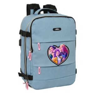 safta k pop demon hunters huntr/x mochila de cabina bolsillo para portatil hasta 15.6" portabotellas usb zapatillero transpirable acolchada 29x44x19cm color azul claro