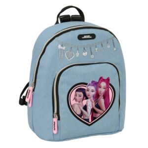safta k pop demon hunters huntr/x mini mochila bolsillo frontal y trasero cremallera hombreras ajustables asa superior compacta y ligera 25x30x13cm color azul claro