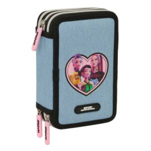 safta k pop demon hunters huntr/x plumier de 3 pisos 37 piezas goma lapiz 2 boligrafos sacapuntas 2 reglas 16 colores 14 rotuladores 12.5x19.5x5.5cm color azul claro