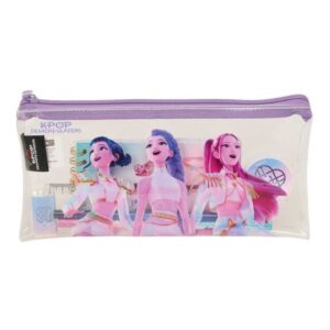 safta k pop demon hunters portatodo cremallera pvc regla de 15cm 2 lapices sacapuntas goma bloc de notas de 70 hojas 22.5x10.5x1cm color transparente