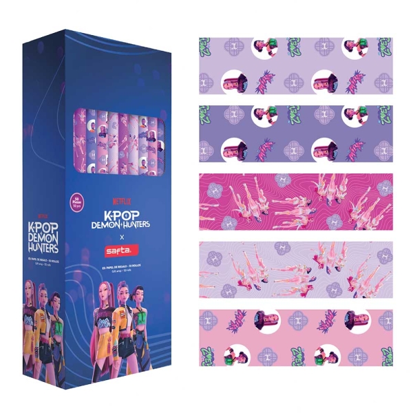 safta k pop demon hunters expositor con 50 rollos de papel regalo medidas del rollo 70x200cm 5 patrones diferentes 30.5x71x15.5cm colores surtidos