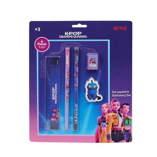 safta k pop demon hunters pack escolar 2 lapices regla sacapuntas goma de borrar multicolor