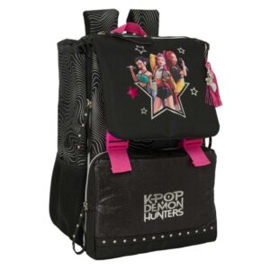 safta k pop demon hunters energy mochila extensible solapa cierre con cordon portabotellas bolsillo frontal detalles reflectantes rejilla antisudor 18.5x41x15cm color negro y rosa