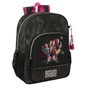 safta k pop demon hunters energy mochila adaptable a carro bolsillo frontal portabotellas cremallera con doble tirador asa de mano espalda acolchada 33x42x14cm color negro y rosa