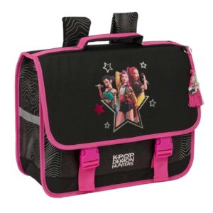 safta k pop demon hunters energy mochila cartera escolar solapa bolsillo con cremallera espalda acolchada hombreras ajustables asa de mano 40x33x17cm color negro y rosa