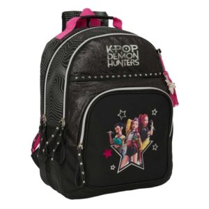 safta k pop demon hunters energy mochila adaptable a carro bolsillo frontal portabotellas cremallera con doble tirador asa de mano espalda acolchada 32x42x15cm color negro y rosa