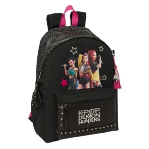 safta k pop demon hunters energy mochila para portatiles hasta 14.1" portabotellas cremallera con doble tirador asa de mano bolsillo frontal acolchada 31x43x13cm color negro y rosa