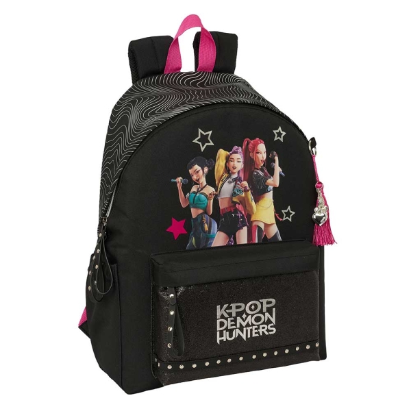 safta k pop demon hunters energy mochila para portatiles hasta 14.1" portabotellas cremallera con doble tirador asa de mano bolsillo frontal acolchada 31x43x13cm color negro y rosa