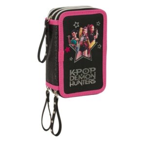 safta k pop demon hunters energy plumier de 3 pisos 37 piezas goma lapiz 2 boligrafos sacapuntas 2 reglas 16 colores 14 rotuladores 12.5x19.5x5.5cm color negro y rosa