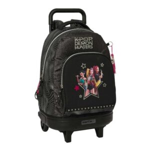 safta k pop demon hunters energy mochila con carro extraible 33l portabotellas tarjeta de identificacion personal doble tirador asa bolsillo frontal 33x45x22cm color negro y rosa