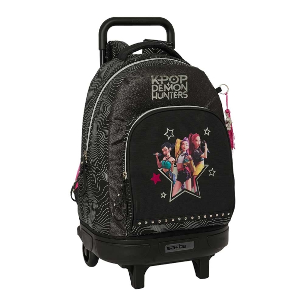 safta k pop demon hunters energy mochila con carro extraible 33l portabotellas tarjeta de identificacion personal doble tirador asa bolsillo frontal 33x45x22cm color negro y rosa