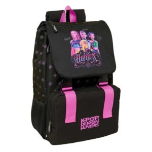 safta k pop demon hunters mochila extensible solapa cierre con cordon portabotellas bolsillo frontal detalles reflectantes rejilla antisudor 18.5x41x15cm color negro y rosa