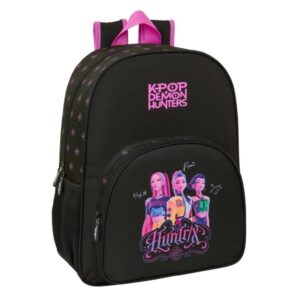 safta k pop demon hunters mochila adaptable a carro bolsillo frontal portabotellas cremallera con doble tirador asa de mano hombreras y espalda acolchada 33x42x14cm color negro y rosa