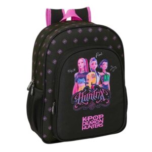 safta k pop demon hunters mochila 15l adaptable a carro bolsillo frontal portabotellas cremallera con doble tirador asa hombreras y espalda acolchada 32x38x12cm color negro y rosa