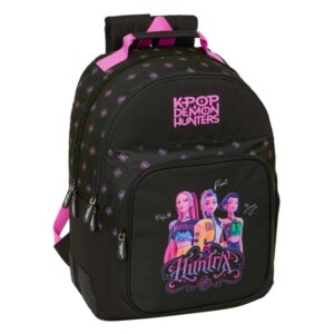 safta k pop demon hunters mochila adaptable a carro bolsillo frontal portabotellas cremallera con doble tirador asa de mano hombreras y espalda acolchada 32x42x15cm color negro y rosa