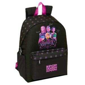 safta k pop demon hunters mochila para portatiles hasta 14.1" portabotellas cremallera con doble tirador asa de mano bolsillo frontal acolchada 31x43x13cm color negro y rosa
