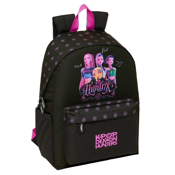 safta k pop demon hunters mochila para portatiles hasta 14.1" portabotellas cremallera con doble tirador asa de mano bolsillo frontal acolchada 31x43x13cm color negro y rosa