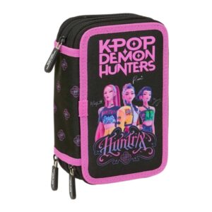 safta k pop demon hunters plumier de 3 pisos 37 piezas goma lapiz 2 boligrafos sacapuntas 2 reglas 16 colores 14 rotuladores 12.5x19.5x5.5cm color negro y rosa