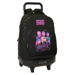 safta k pop demon hunters mochila con carro extraible 33l portabotellas tarjeta de identificacion personal doble tirador asa de mano bolsillo frontal 33x45x22cm color negro y rosa