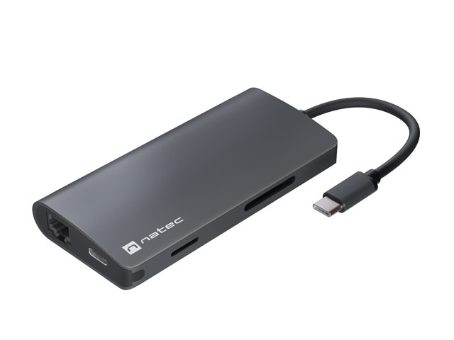natec fowler 2 adaptador multipuerto 8en1 usb c a usb 3.0, hdmi 4k, rj45, sd, micro sd color gris
