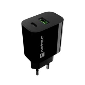 natec ribera cargador de pared 20w 1xusb a + 1xusb c carga rapida 2 dispositivos simultaneos color negro